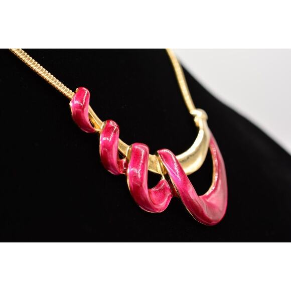 Vintage Collar Necklace Magenta Red Enamel Gold Flex Omega Chain Chunky Bin2C - Picture 5 of 12